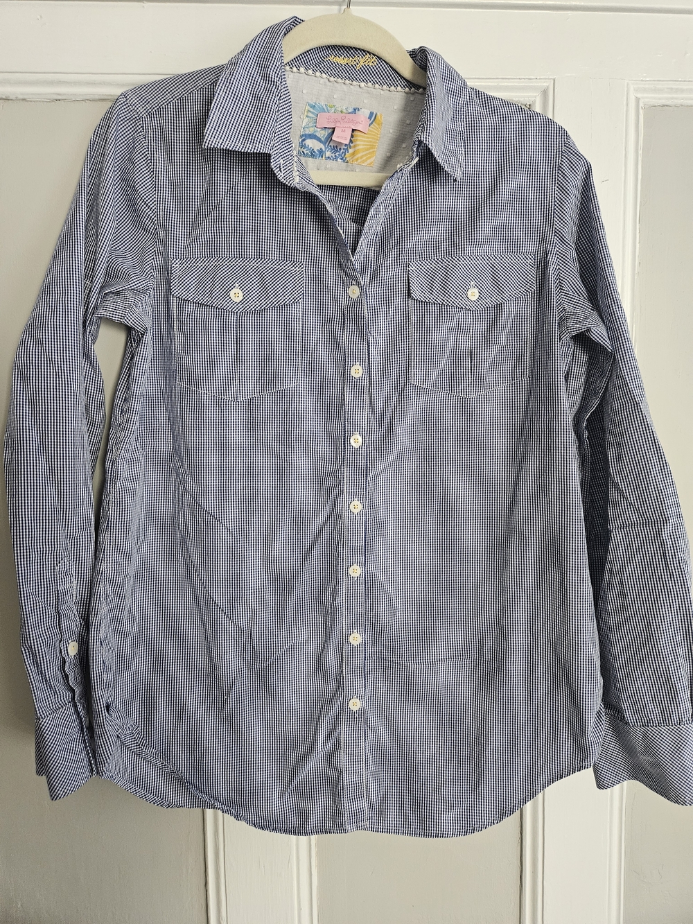 Lilly Pulitzer Blue Gingham Button-Down Shirt Sz M, PTP=20